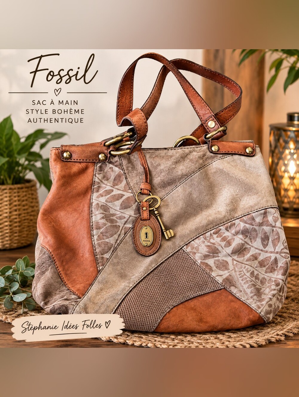 Fossil NWOT Patchwork Leather Tote Bag Patchwork in Brown and Cream